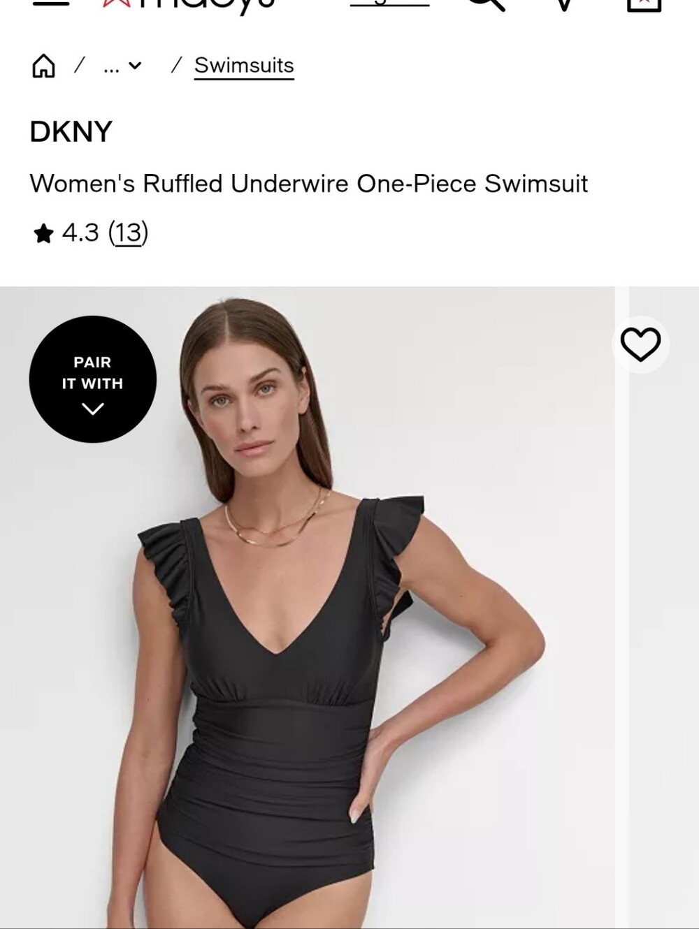 DKNY Plunging V-Neck Ruffle Shoulder One Piece Swimsuit Size M NWOT